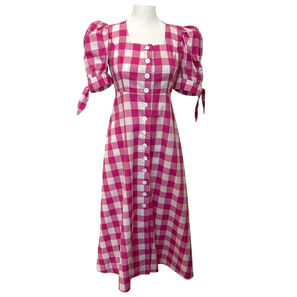 Kitri Gingham Midi Dress Pink White Puff Sleeve Square Neck Size 6